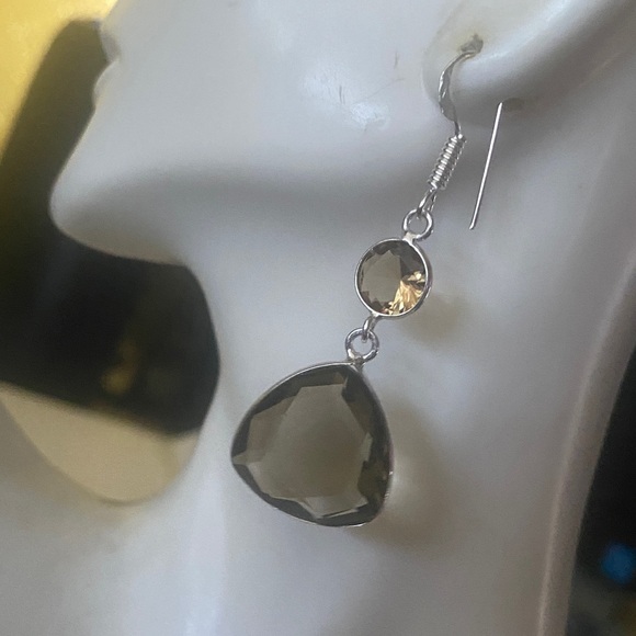 Jewelry - Two tone smoky quartz Artisan handcrafted Faceted Teardrop Dangle Earrings -